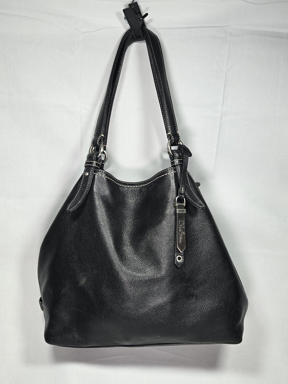 COLE HAAN Large Hobo Bag Black Pebbled Leather w/Bag Charm Luxury Retro Chic
